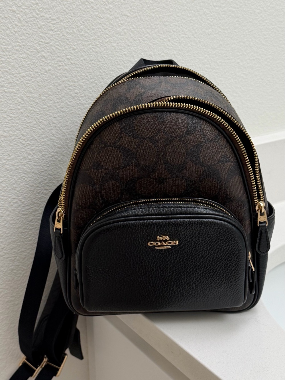 Coach Black & Brown Signature Mini Backpack with Gold Hardware